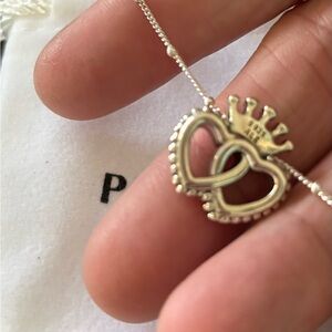 Pandora Silver Double Heart Necklace with Crown Charm